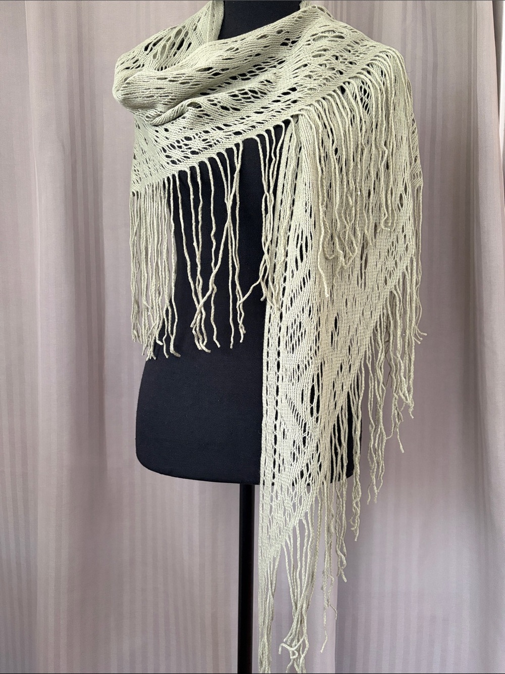 Light Olive Knit Fringe Wrap Shawl w/Light Sequin Embellishment